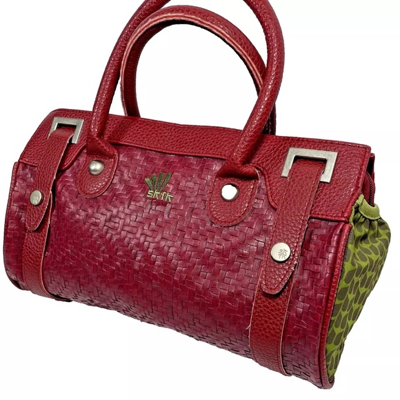 SkFk Handbag Purse Red Green Embroidered Organic Basket Weave & Fabric - Picture 1 of 16